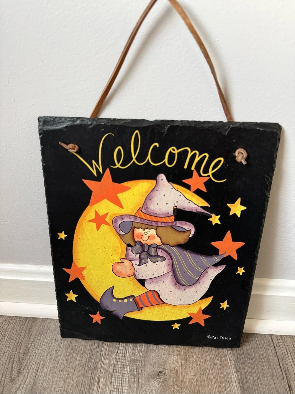Vintage 90s Pat Olsen Welcome Wall Plaque Slate Halloween Moon Hang Wall Decor